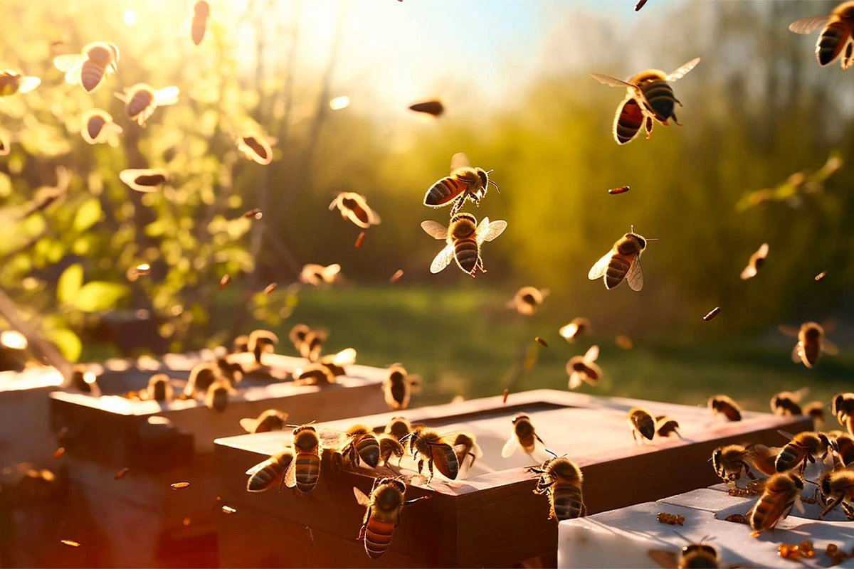 Abeille ouvrière butinant une fleur — espèce menacée par les pesticides, le varroa et la perte d'habitat floral