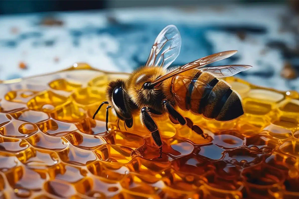 La reine des abeilles identifiable par son abdomen allongé, entourée de ses ouvrières en train de l'alimenter sur un cadre de ruche